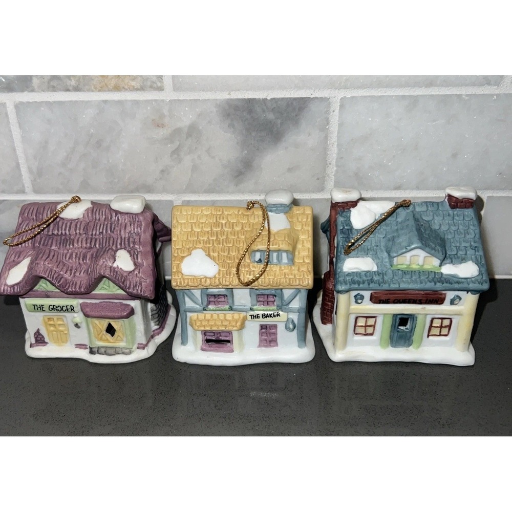 Set Of 3 Vintage 1991 Readers Digest Cottages Christmas Ornaments Bells Village